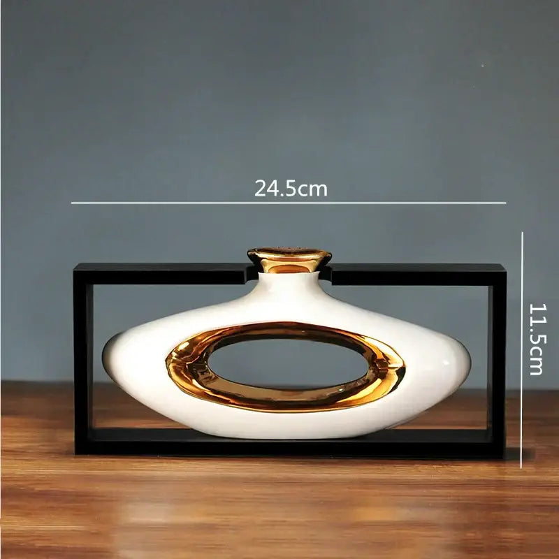 Decorbites chinese style ceramic vase with glossy gold oval accent and neck in white ceramic displayed in black frame