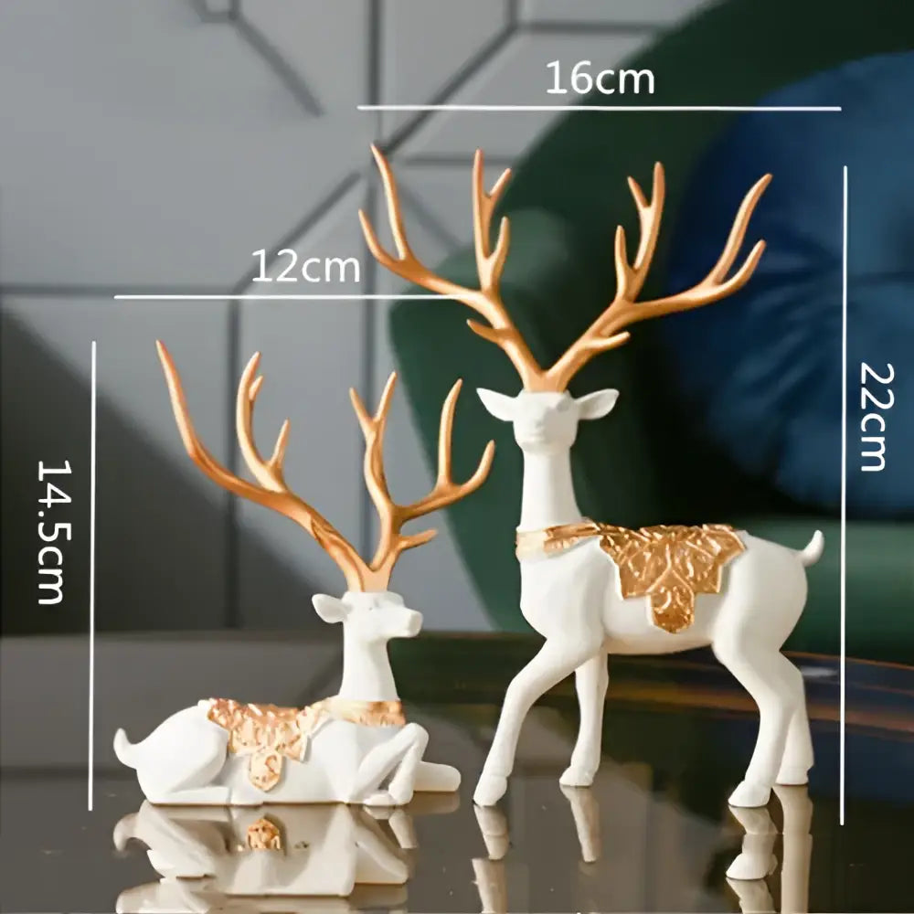 Elegant white resin deer figurines with gold antlers and decorative patterns paired with decorbites chinese style ceramic vase in wooden frame for modern home decor