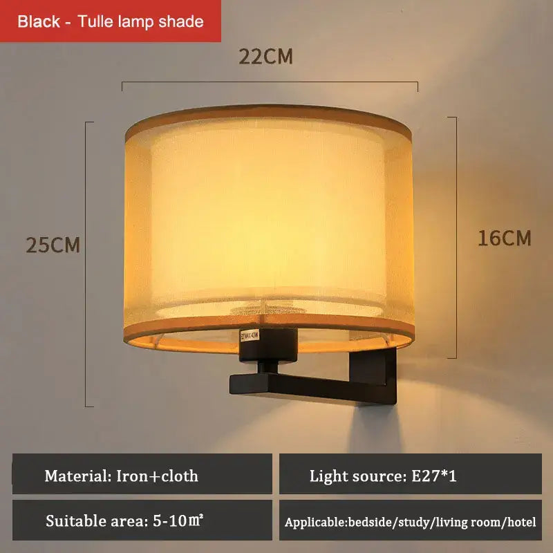 Decorbites Chinese style black tulle cloth covered wall lamp with iron frame and warm diffused glow for bedroom and living room