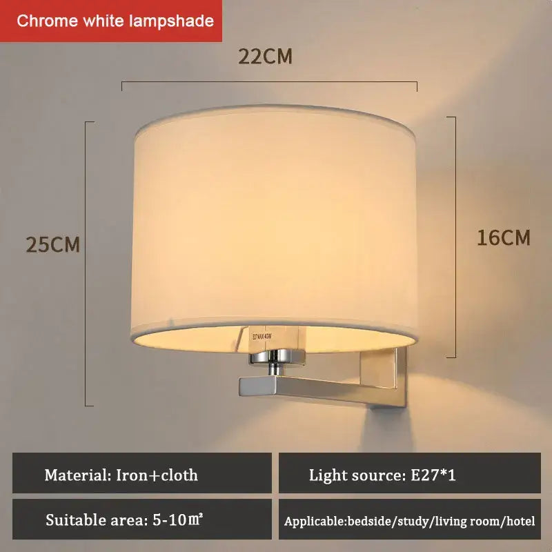 Chrome white cloth covered wall lamp with cylindrical iron and cloth shade for bedroom and living room decor