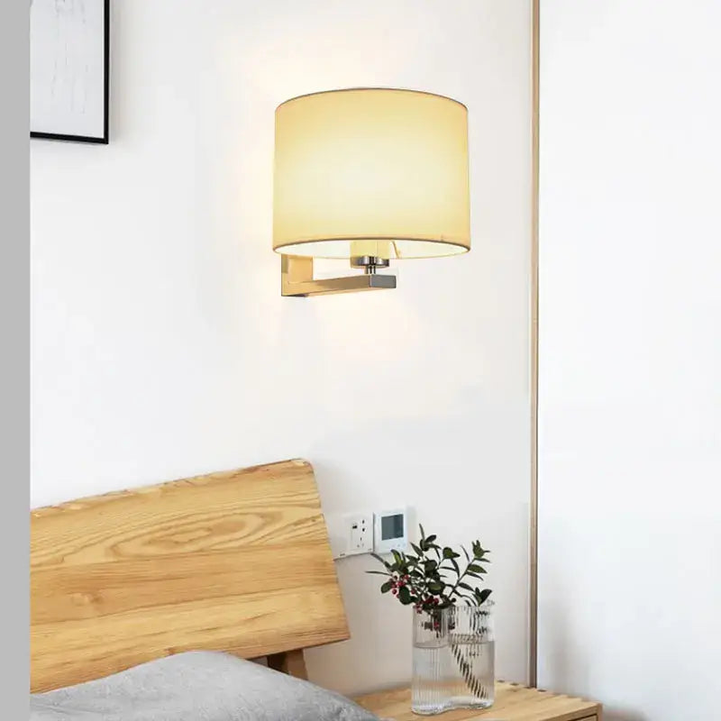 DecorBites™ warm beige cloth covered wall lamp with metallic fixture for bedroom and living room decor