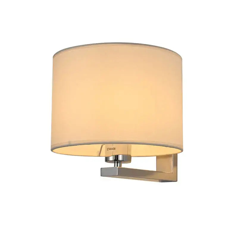 DecorBites™ cream cloth covered wall lamp with cylindrical fabric shade and chrome finish for bedroom and living room
