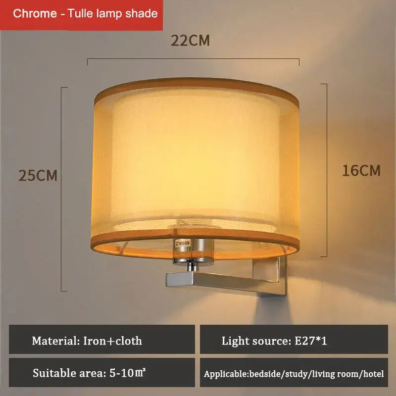 DecorBites™ chrome finished cloth covered wall lamp with cylindrical tulle shade and wooden trim for bedroom lighting