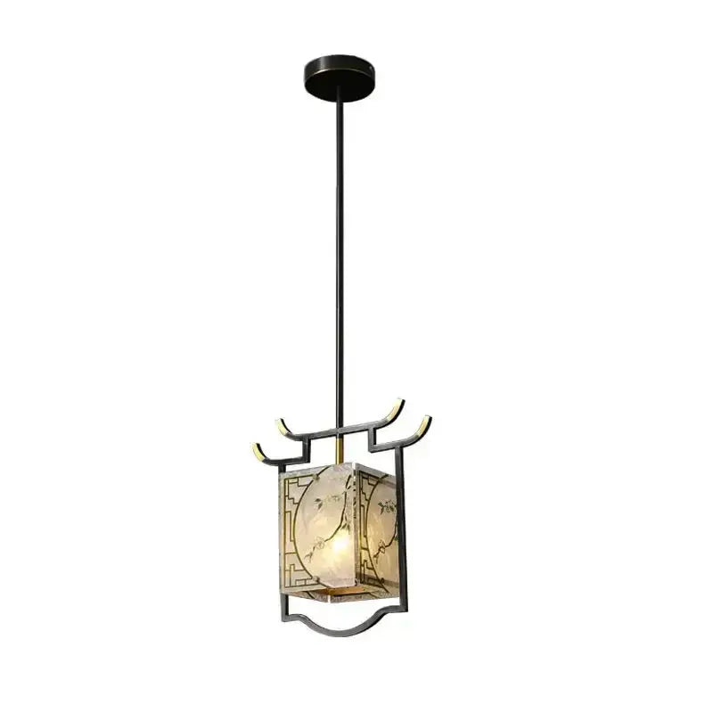 Black metal pendant light with square lantern design copper decorative hall bedroom bedside frosted floral glass panels