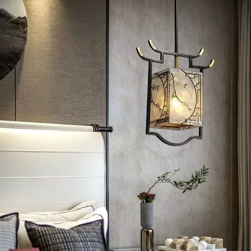 DecorBites™ modern copper decorative hall pendant light with black metal frame gold accents and ink brushwork panels