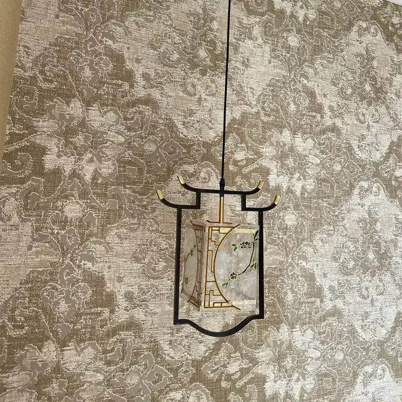 DecorBites™ black-framed copper decorative hall lantern with gold-trimmed floral embroidery for bedroom bedside use