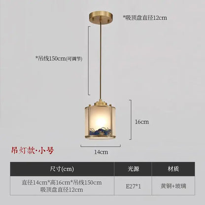 Decorbites™ chinese style copper pendant light with a brass frame and blue wave patterns for living space lighting