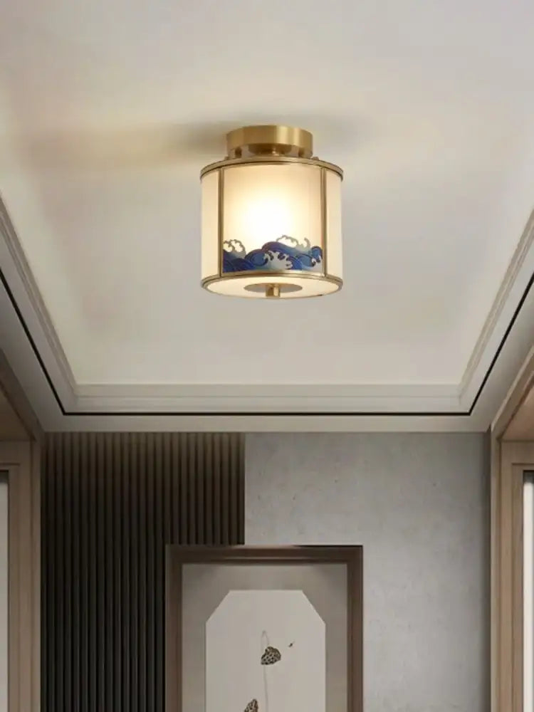 DecorBites™ Chinese style copper pendant light with brass frame and frosted glass shade for bedroom aisle or headboard use