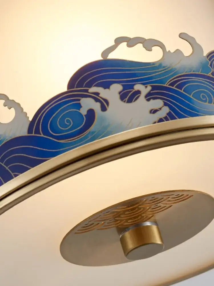 Decorbites chinese style copper pendant light with blue and white wave patterns and gold accents for living space use
