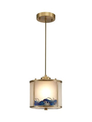 Decorbites™ chinese style copper pendant light with brass finish and blue wave glass shade for living space lighting