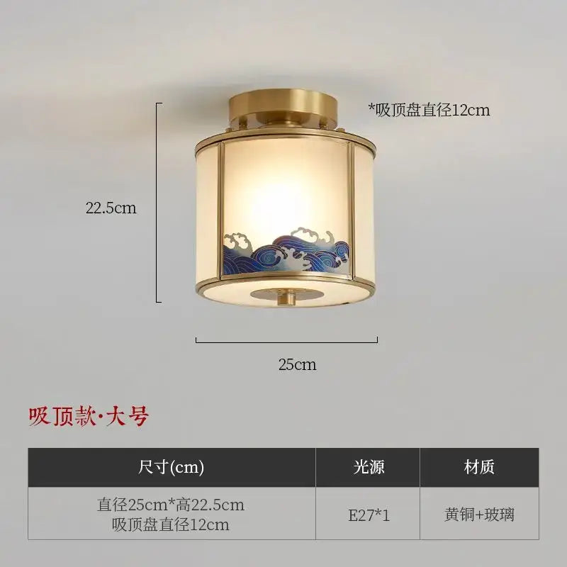 Decorbites™ chinese style copper pendant light with brass finish and blue wave glass shade for living space lighting