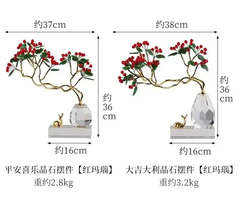 Elegant decorbites chinese style crystal ornaments featuring a gold-toned bonsai tree with red berries and a golden rabbit