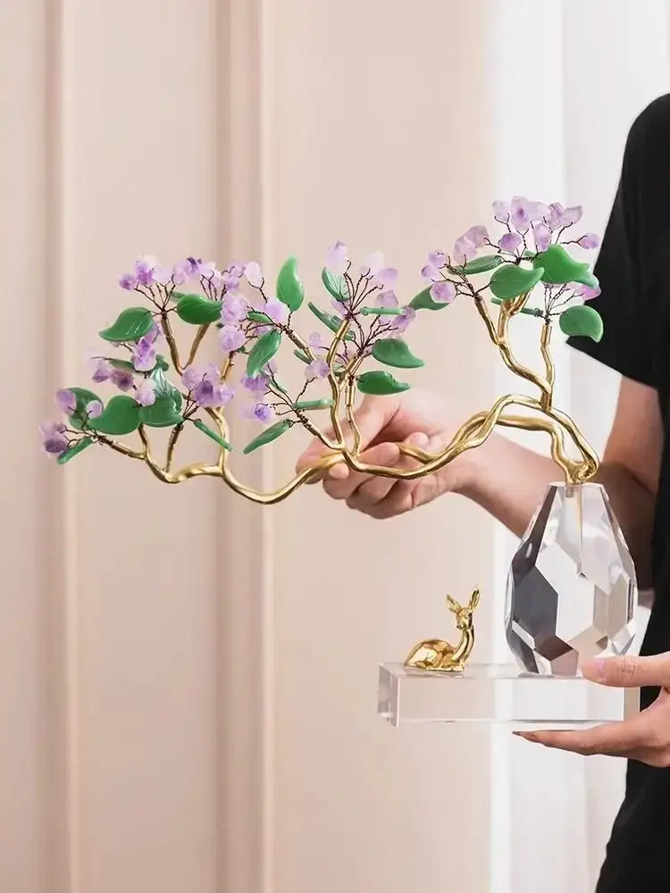 A delicate gold-toned bonsai tree crystal ornament with purple and green gemstones from decorbites chinese style collection