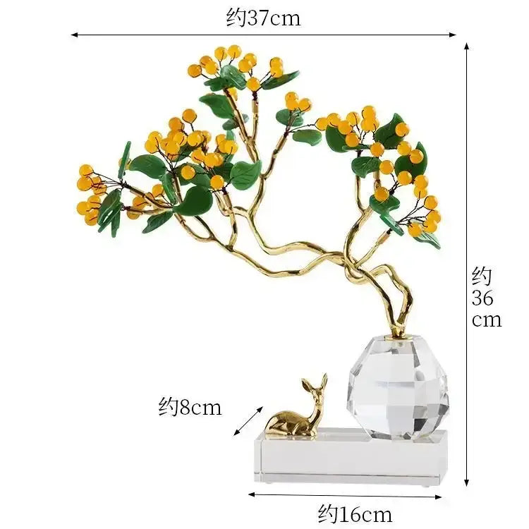 Golden resin bonsai tree with yellow berries and green leaves on clear crystal base with golden deer figurine decorbites chinese style crystal ornaments
