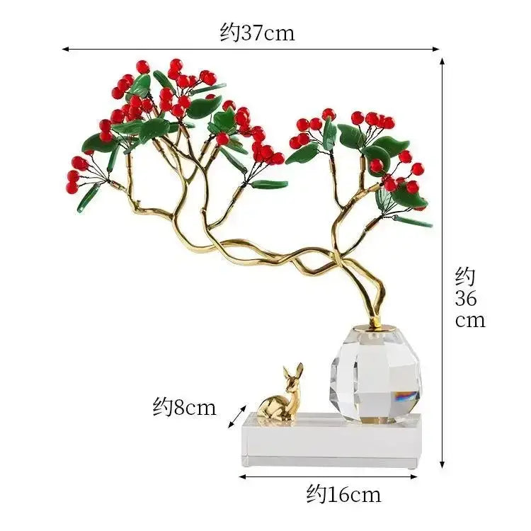 Decorbites chinese style crystal ornaments featuring a golden branch with red berries in a faceted crystal vase