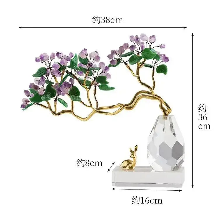 Decorbites chinese style crystal bonsai tree ornament with purple green crystal and gold branches on clear glass base with rabbit