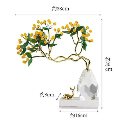 Golden branch ornament with yellow berries and green leaves on a crystal base with golden deer in decorbites chinese style crystal ornaments