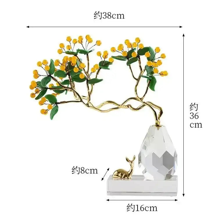 Golden branch ornament with yellow berries and green leaves on a crystal base with golden deer in decorbites chinese style crystal ornaments