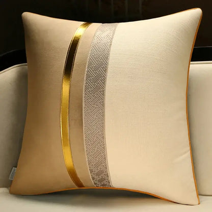 Beige linen decorative pillow cover with central gold and silver geometric stripe accent for living room decor
