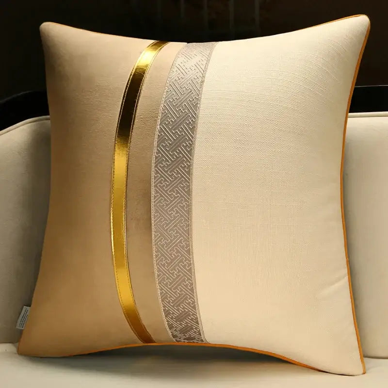 Beige linen decorative pillow cover with central gold and silver geometric stripe accent for living room decor