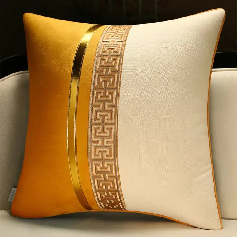Golden and cream decorative pillow cover with metallic gold geometric stripe for home sofa and bedside decor by decorbites