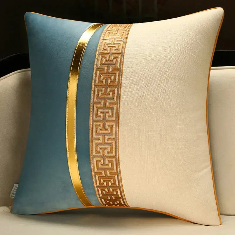 Blue and cream DecorBites™ Chinese style decorative pillow cover with gold geometric trim for sofa and living room