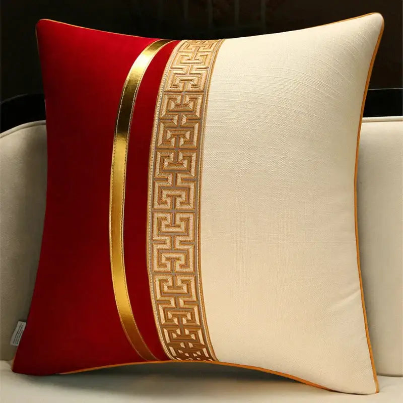 DecorBites™ chinese style decorative pillow cover in red and cream velvet with gold geometric embroidery trim for sofa