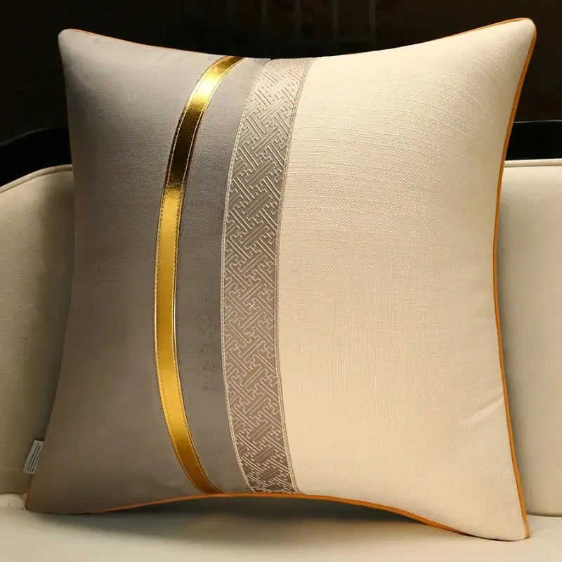 Decorbites™ chinese style decorative pillow cover with soft gray cream fabric and gold silver geometric stripe