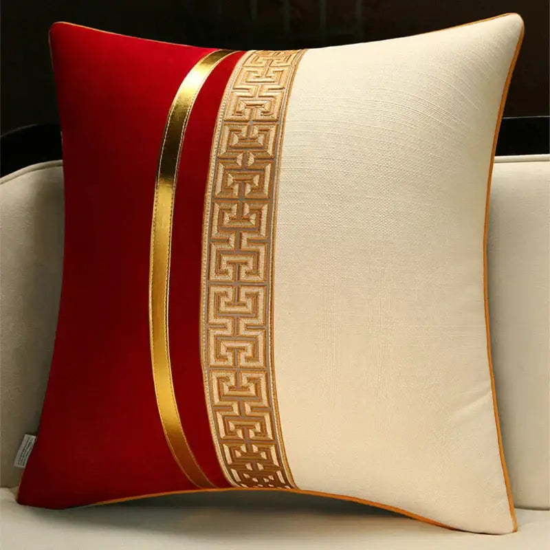 Decorbites™ chinese style decorative pillow cover in red and cream velvet with gold trim and geometric embroidery