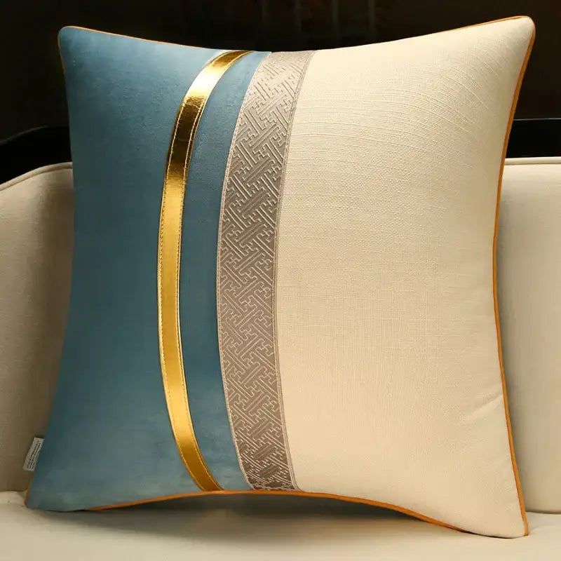 Decorbites™ chinese style decorative pillow cover with soft blue velvet, cream linen, and gold silver geometric trim