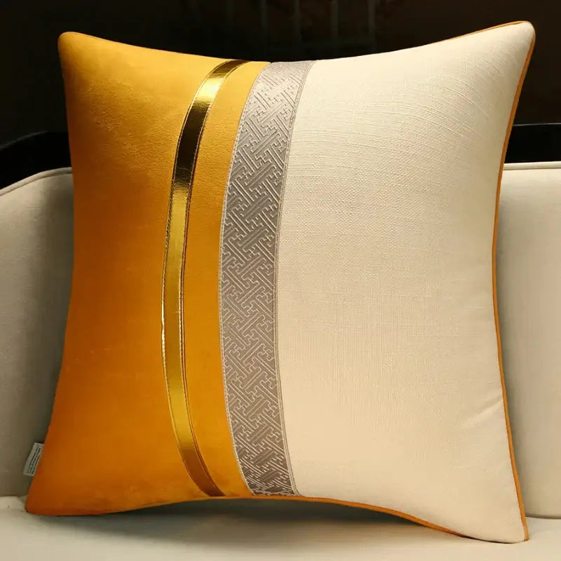 DecorBites™ Chinese style decorative pillow cover with mustard velvet, cream linen, and silver geometric band for sofa
