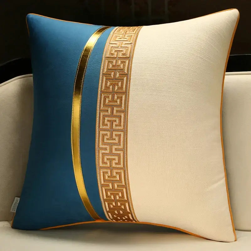 Decorbites chinese style decorative pillow cover in blue and cream with gold geometric embroidery and metallic trim