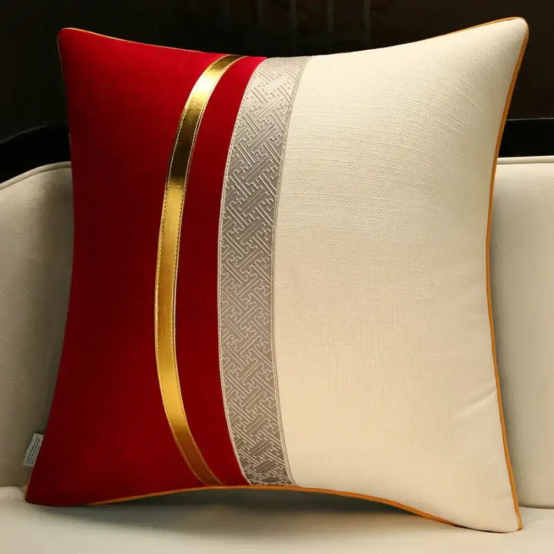 Decorbites chinese style decorative pillow cover with red cream fabric and gold trim featuring silver geometric band