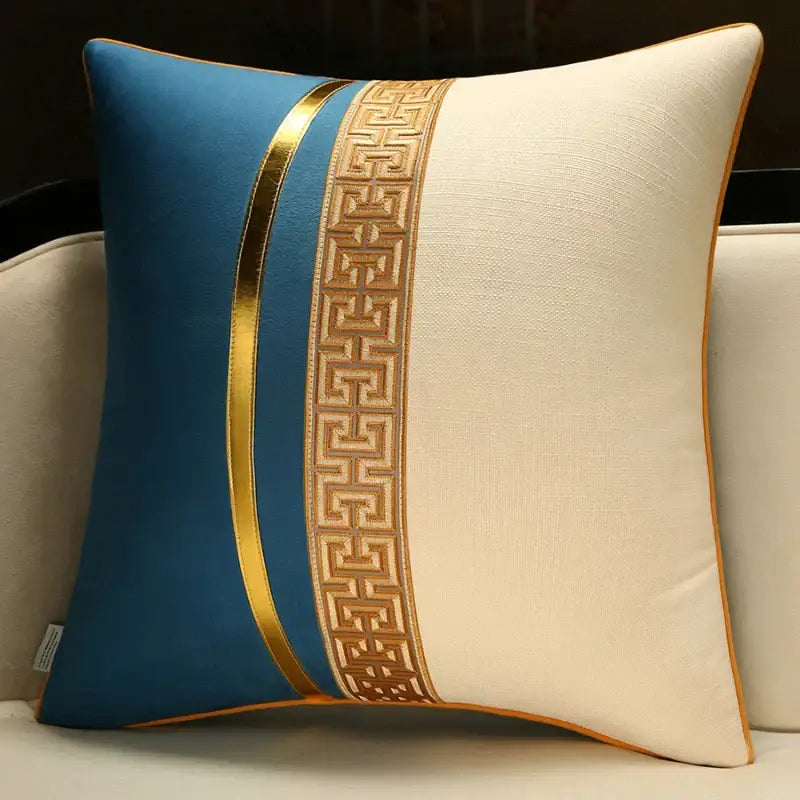 DecorBites™ chinese style decorative pillow cover in blue and cream with gold geometric embroidery and metallic trim