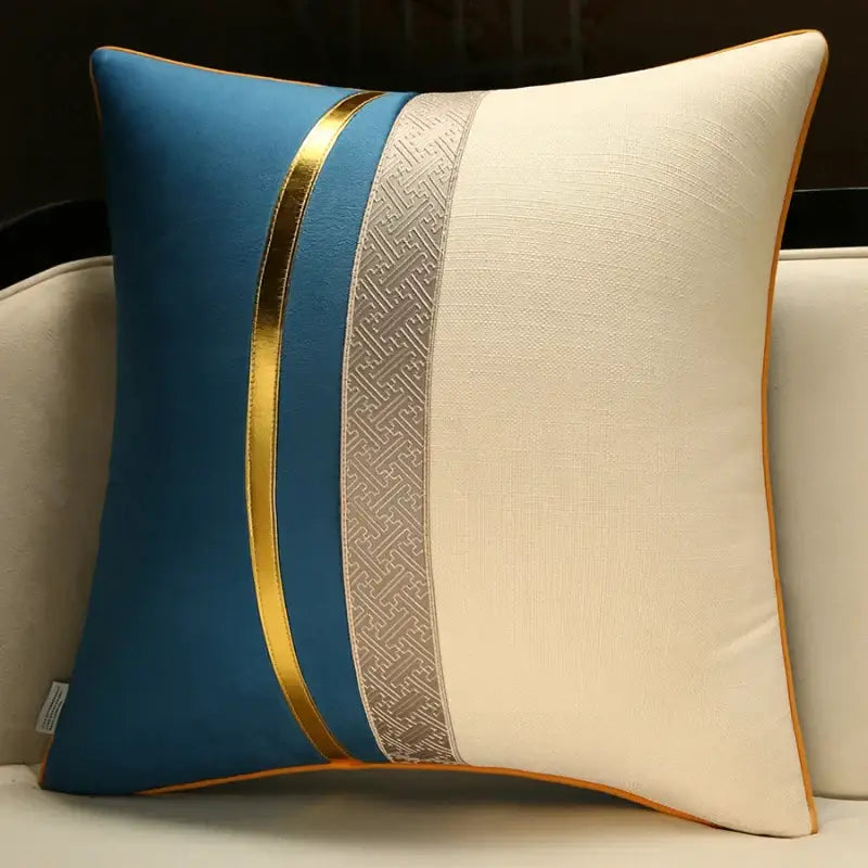 DecorBites Chinese style decorative pillow cover in blue and cream with gold trim and textured silver patterned band