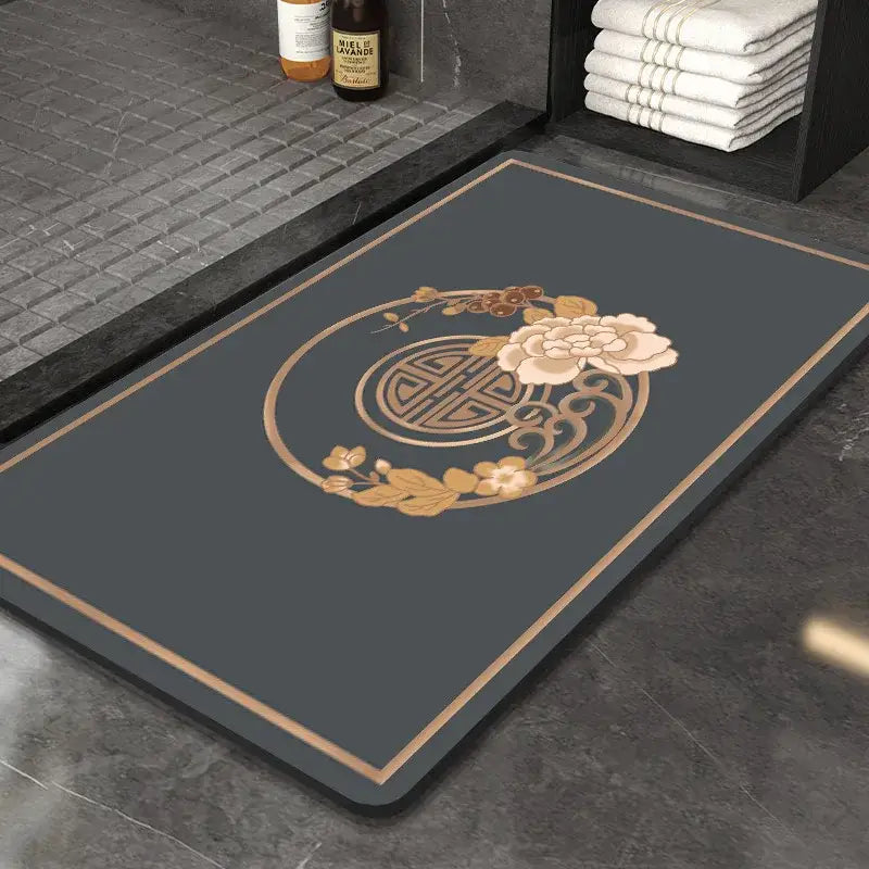Dark gray DecorBites™ Chinese style diatom mud entry door mat with gold floral design and traditional characters