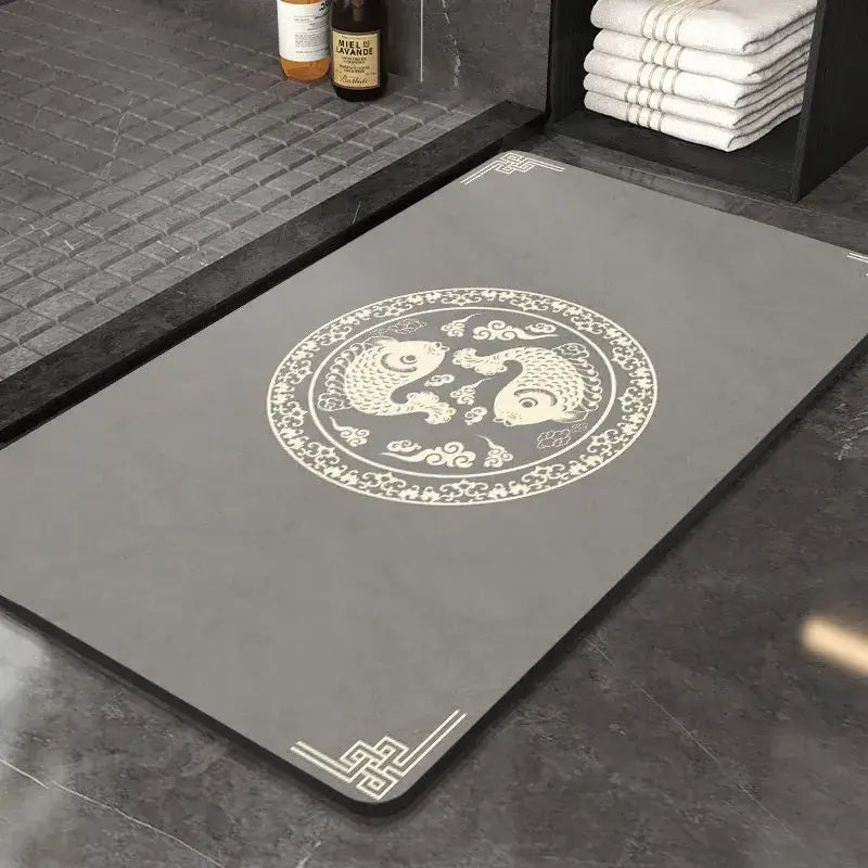 Gray DecorBites™ Chinese style diatom mud entry door mat with white fish design and traditional geometric border, super absorbent and anti-slip