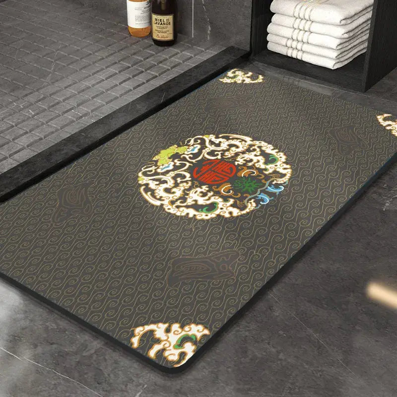 Dark gray DecorBites™ Chinese style diatom mud entry door mat with ornate red green gold medallion and anti-slip design