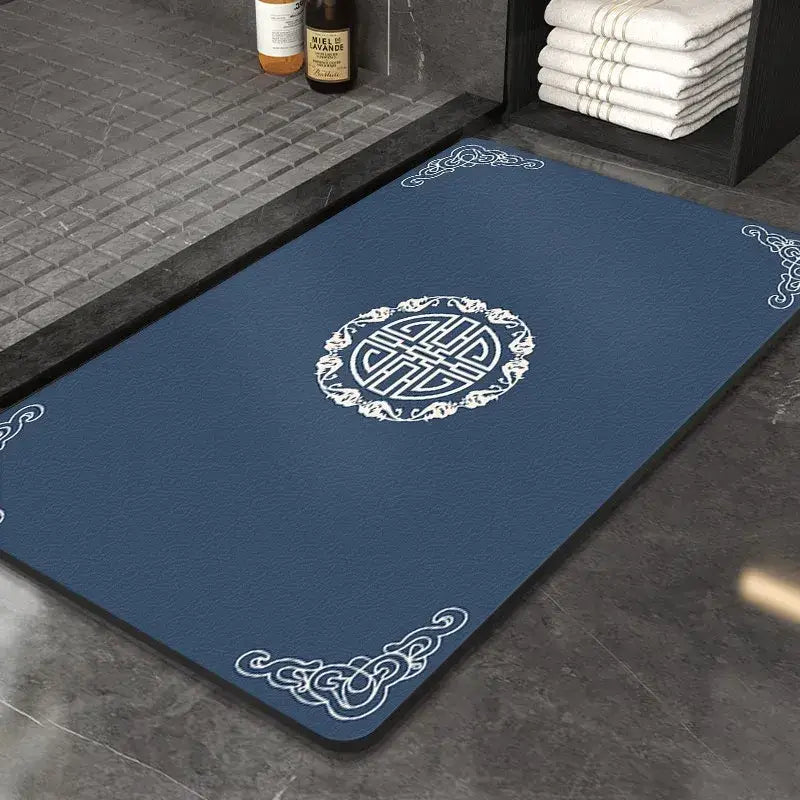 Blue decorbites™ chinese style diatom mud entry door mat with white ornate patterns and central circular design