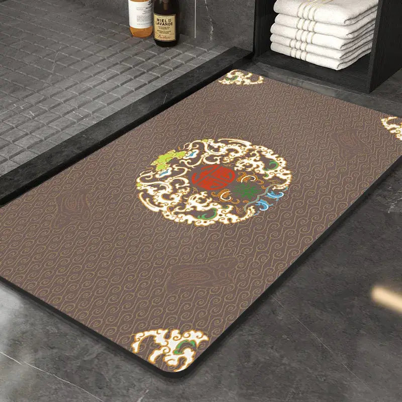 Brown DecorBites™ Chinese style diatom mud entry door mat with ornate red green gold design and super absorbent anti slip surface