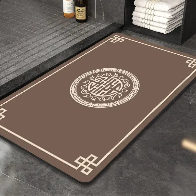 Brown rectangular DecorBites™ entry door mat with cream Chinese border and central design, super absorbent and anti-slip