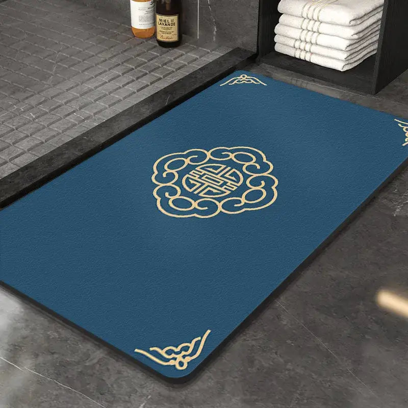 Blue super absorbent diatom mud entry door mat with gold embroidered traditional chinese cloud and character design