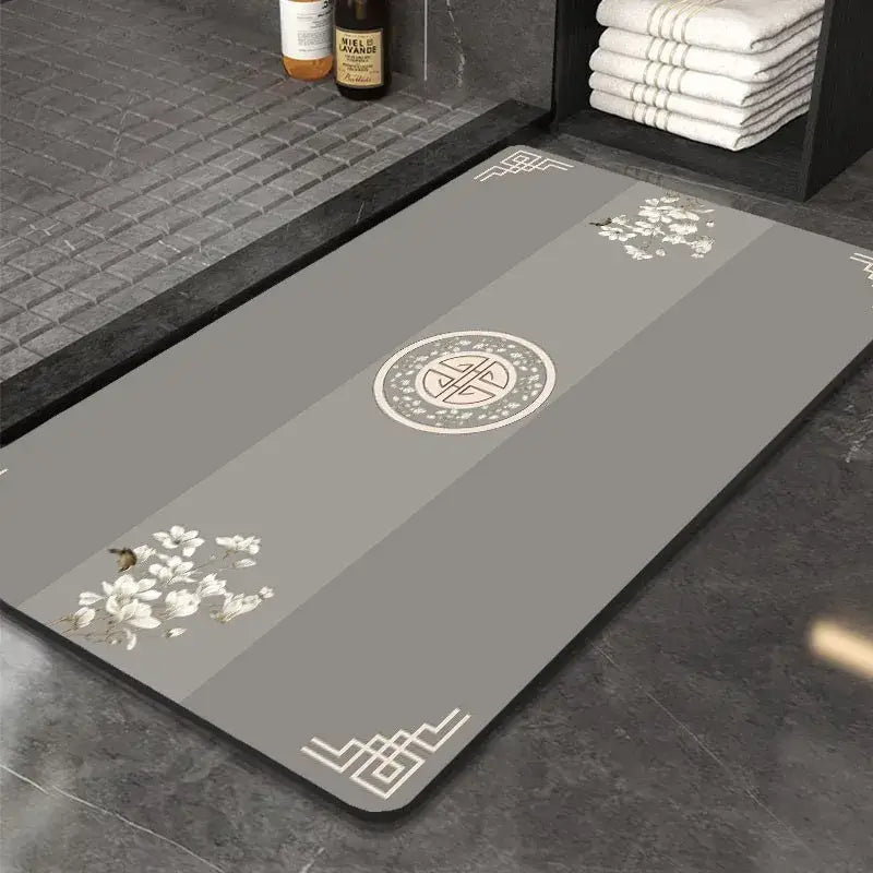 Gray DecorBites™ Chinese style diatom mud entry door mat with subtle white floral patterns and super absorbent design