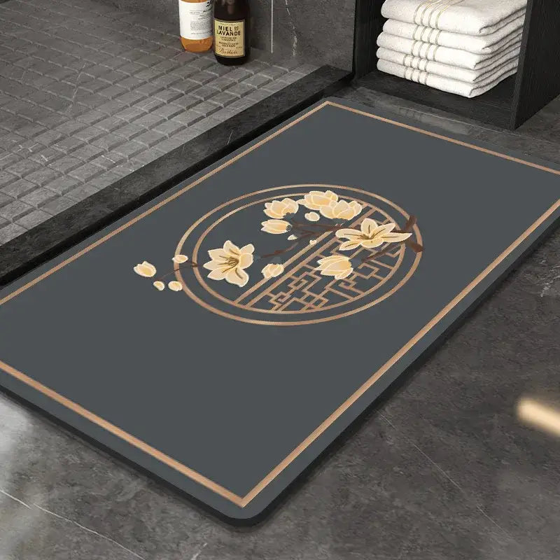 Dark gray decorbites™ chinese style diatom mud entry door mat with beige blossom design and gold border, super absorbent and anti-slip
