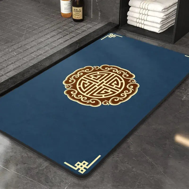 Decorbites™ blue super absorbent diatom mud entry door mat with gold ornate chinese knot and geometric patterns