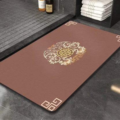 Brown rectangular decorbites™ super absorbent diatom mud entry door mat with gold ornate chinese style design and geometric corners