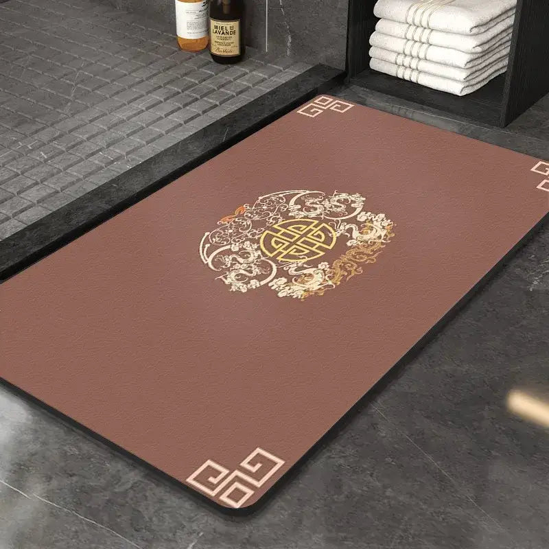 Brown rectangular decorbites™ super absorbent diatom mud entry door mat with gold ornate chinese style design and geometric corners