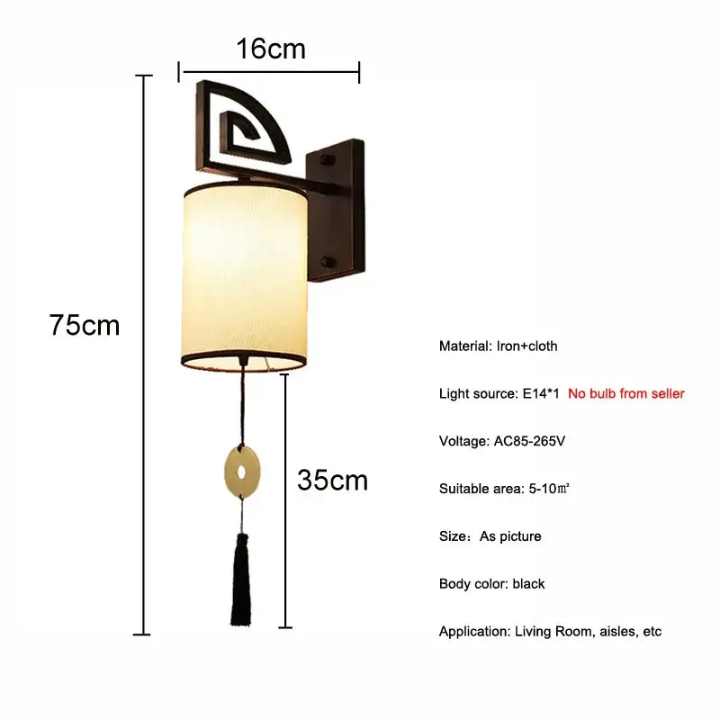Black iron DecorBites™ Chinese style e27 cloth wall sconce with beige fabric shade and gold coin tassel for living rooms