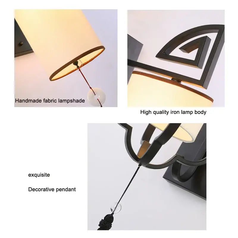 Black iron wall sconce with handmade cream fabric E27 cloth wall lampshade and ornate decorative pendant for living room