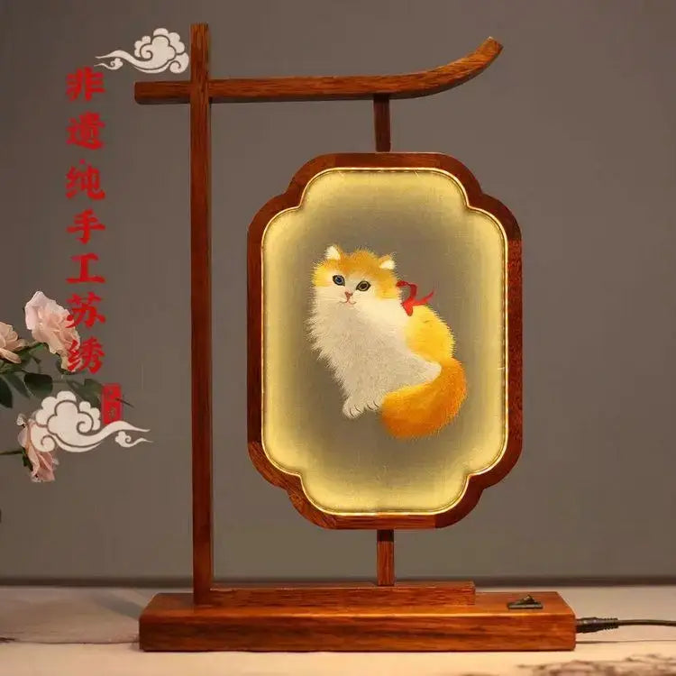 DecorBites™ Chinese style warm-toned wooden embroidered desk lamp decoration screen with fluffy orange cat design